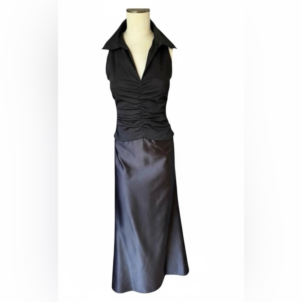 Tadashi Shoji Vintage Black Satin Taffeta Ruched Collared Evening Gown Sz 4